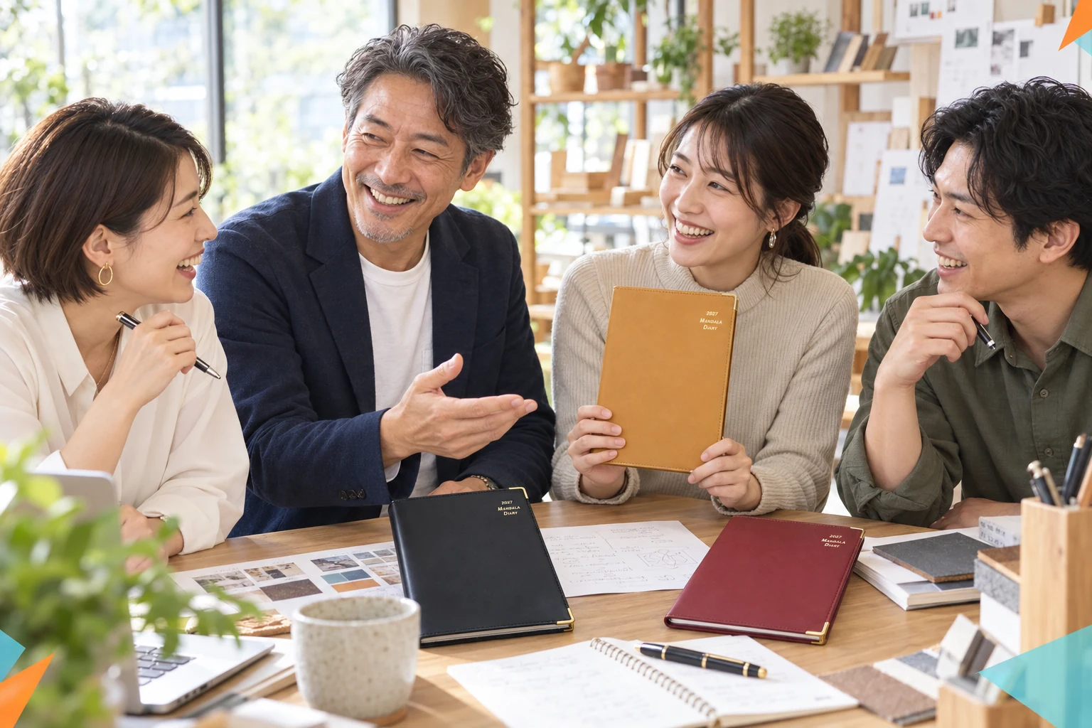 明るい職場でマンダラ手帳を囲み、笑顔で語り合う社長と社員のイメージ